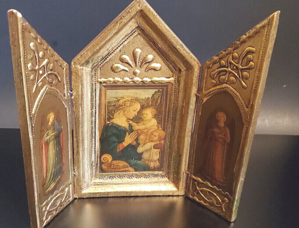 Vintage Italian Florentine Toleware Triptych Madonna Child Angels