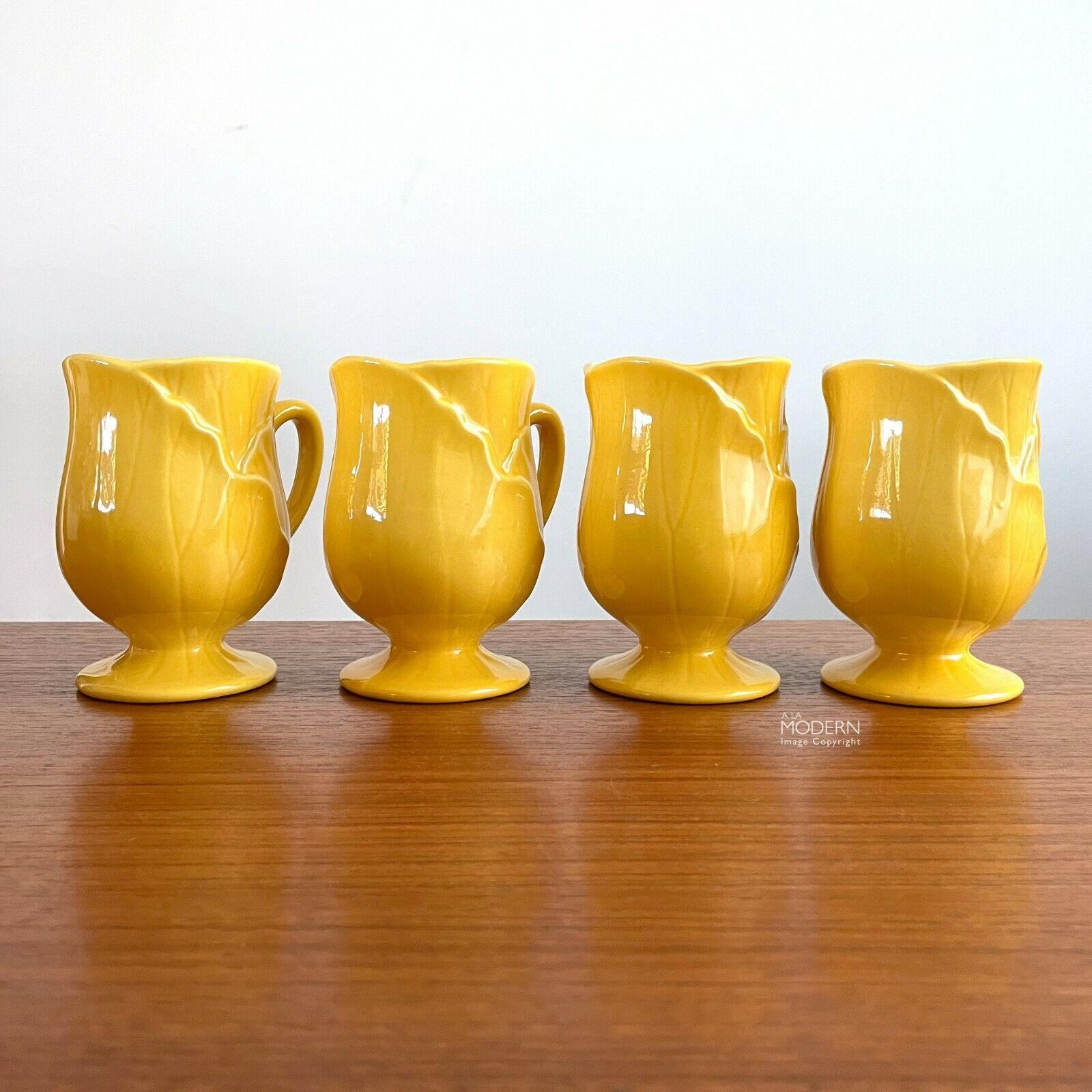 Set Of 4 Metlox Pottery Lotus Yellow Leaf Footed Coffee Mugs Tea Cups California
