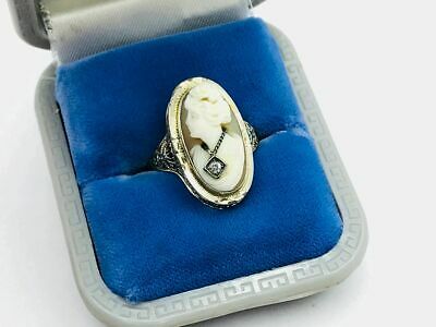 Art Deco 14k White Gold Filigree Carved Shell Cameo Diamond Ring