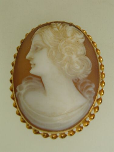 Lovely Antique Art Deco 10k Gold Carved Shell Cameo Pendant Pin!