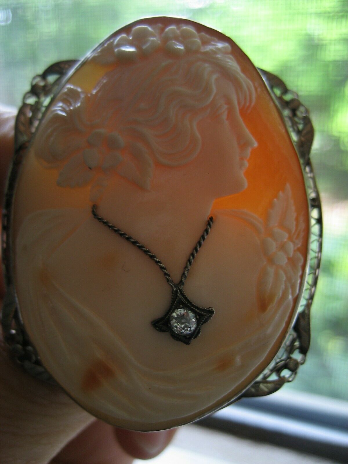 Antique Art Nouveau Shell Cameo Habille Old Mine Diamond Necklace 14k White Gold