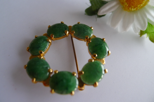 14k Yellow Gold Green Jadeite Jade Circle Pin Brooch,vintage Jewelry