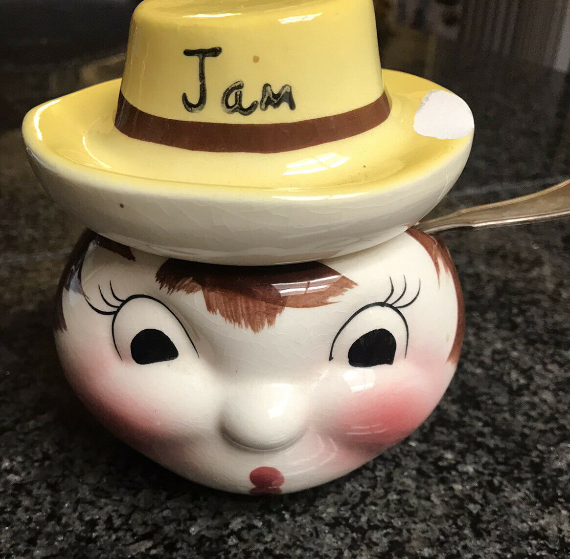 Vintage Mcm Girl Face Jam Jar Pot Lid Deforest Hand Painted With Spoon