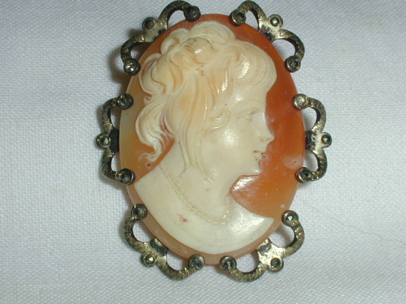 Antique 800 Gold Washed Silver Carved Shell Cameo Brooch/ Pendant W/marcasites!