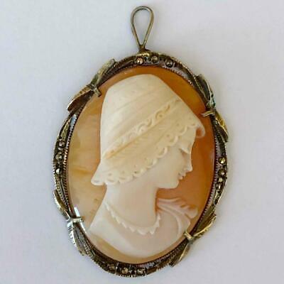 Vintage Shell Cameo Pendant of Flapper Girl Sterling Silver & Marcasite