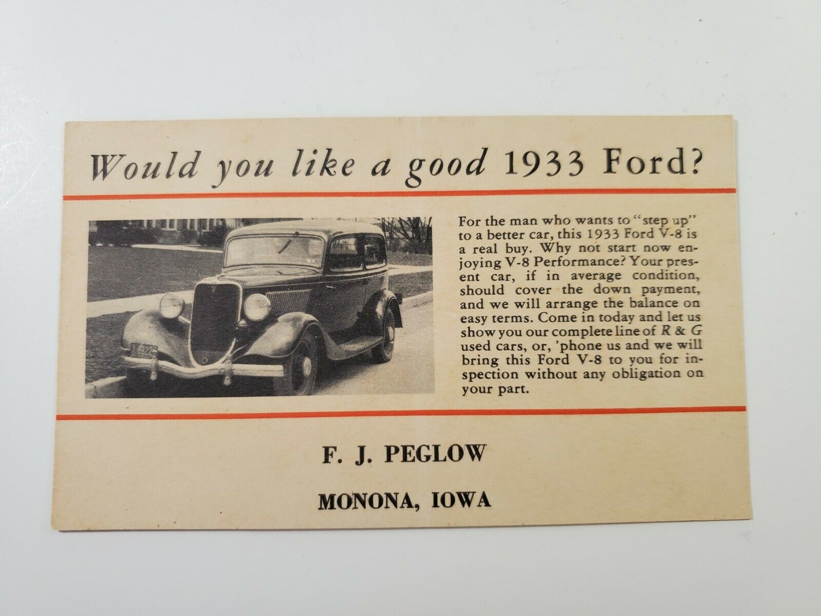 Rare 1933 Ford Advertising Postcard FJ Peglow Monona Iowa NO Reserve