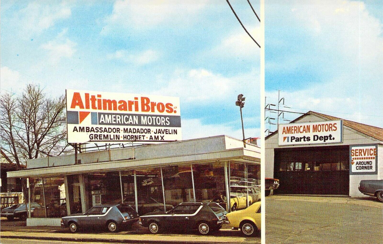 c1970 postcard ALTIMARI BROS Auto DEALERSHIP American Motors Gremlin PA - A79