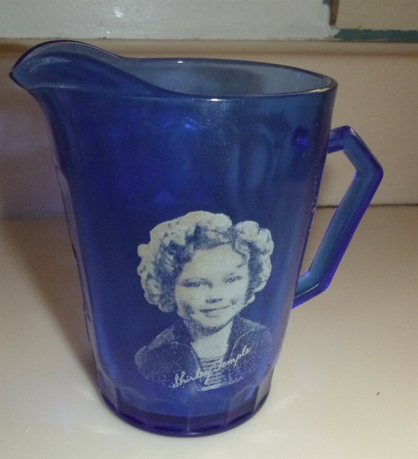 Hazel Atlas Pitcher 1935 Shirley Temple Cobalt Blue Glass Milk Jug 12oz ~ VGC