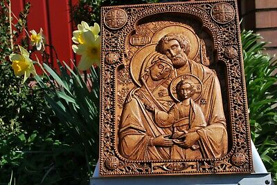 WOOD CARVED CHRISTIAN ICON RELIGIOUS HOLY FAMILY WALL HANGING ART WORK