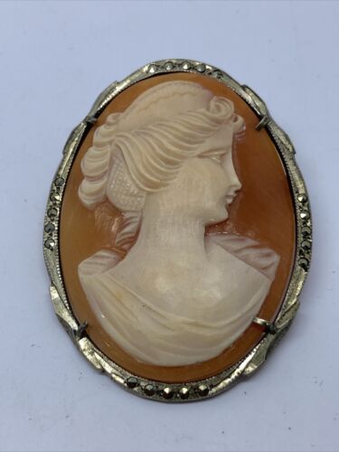 Large Cameo Set In 800 Antique Silver Pin Pendant Combination Marcasite Accents