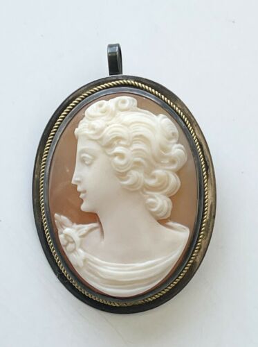 Vintage Silver Carved Shell Cameo Pendant Brooch