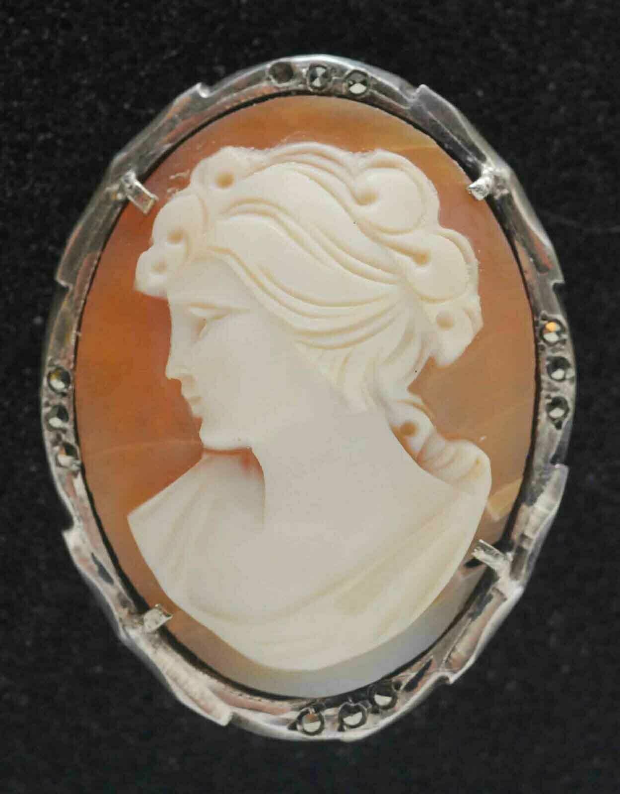 Antique 800 Silver Carved Shell Cameo Portrait Brooch Pin Necklace