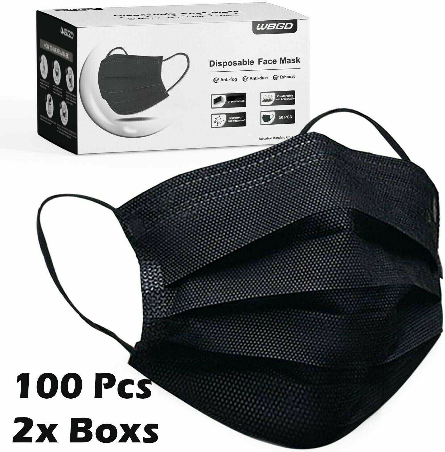 50 / 100 Pcs Black Face Mask Mouth & Nose Protector Respirator Masks Usa Seller