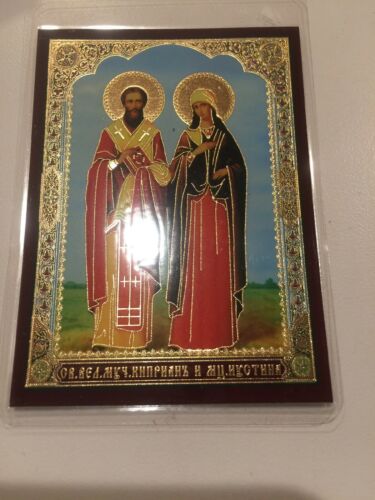 Sts Great martyrs Kiprian and Iystinia New Laminated Icon Card 2,5x3,5’